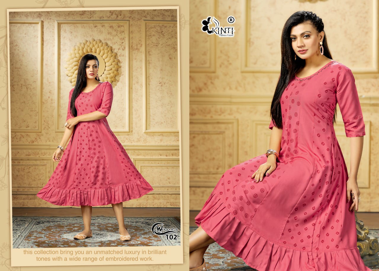 Kinti Waves Rayon Printed Ethnic Wear Designer Latest Anarkali Kurti Collection